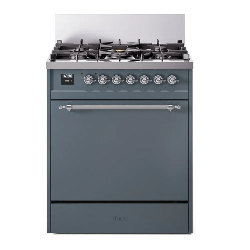 ILVE Nostalgie II 30" Dual Fuel Freestanding Range in Blue Grey with Chrome Trim, UP30QNMPBGC