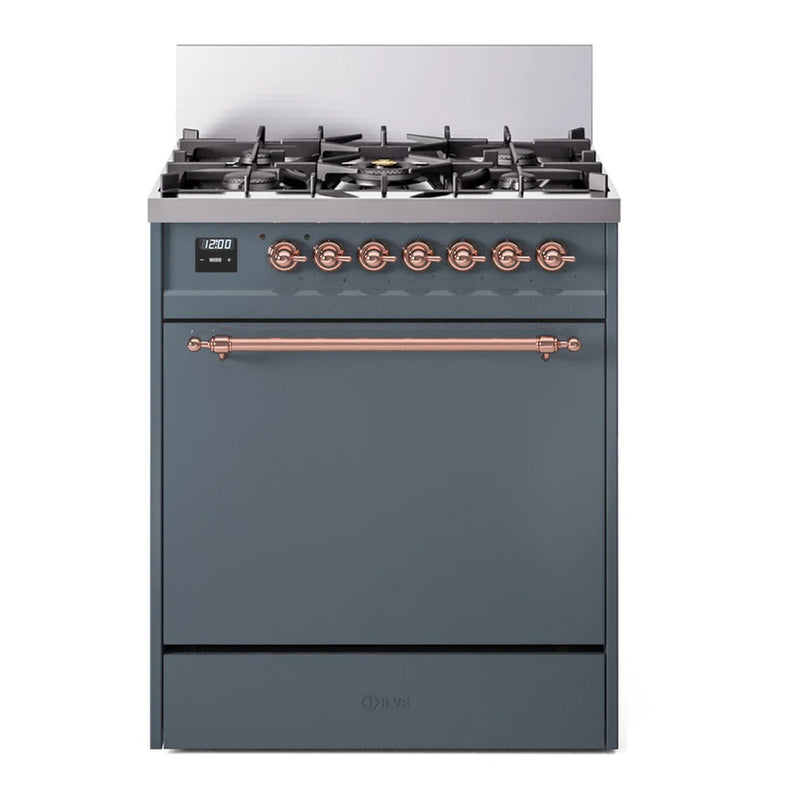 ILVE Nostalgie II 30" Dual Fuel Freestanding Range in Blue Grey with Copper Trim, UP30QNMPBGP