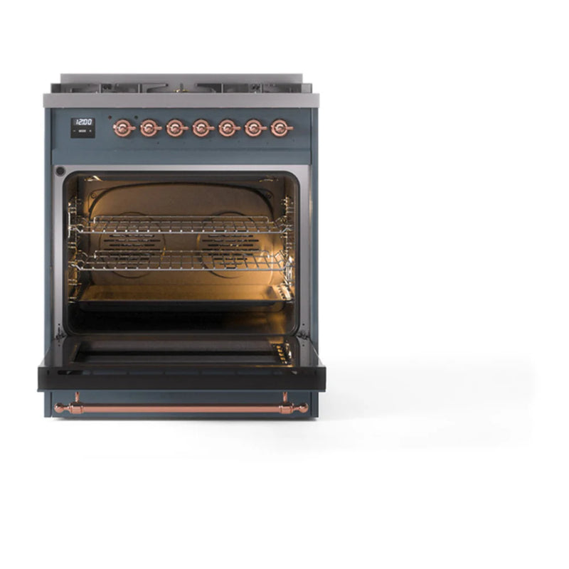 ILVE Nostalgie II 30" Dual Fuel Freestanding Range in Blue Grey with Copper Trim, UP30QNMPBGP