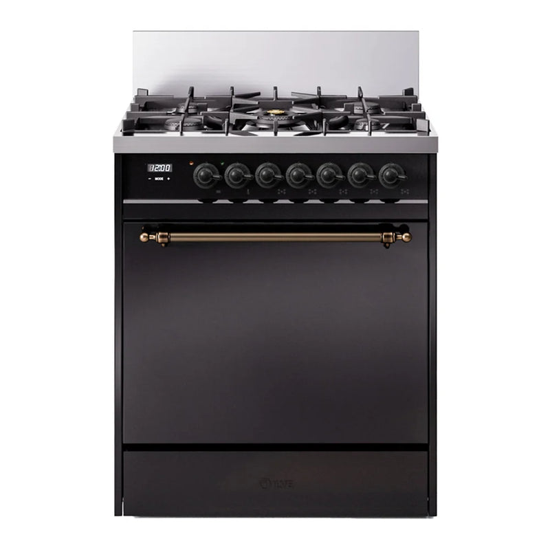 ILVE Nostalgie II 30" Dual Fuel Freestanding Range in Glossy Black with Burnished Trim, UP30QNMPBKBLP