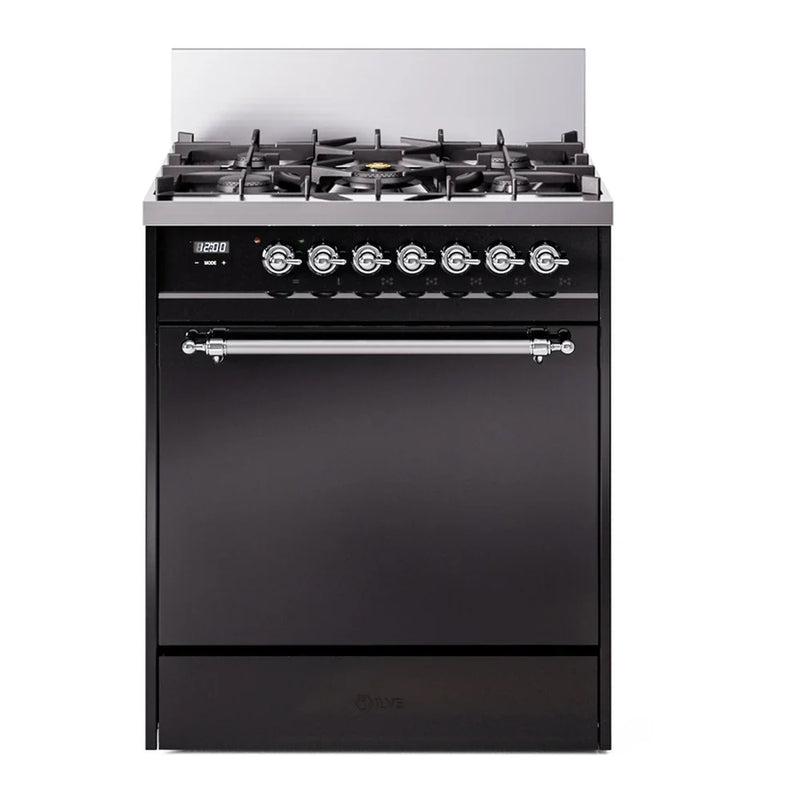 ILVE Nostalgie II 30" Dual Fuel Freestanding Range in Glossy Black with Chrome Trim, UP30QNMPBKC