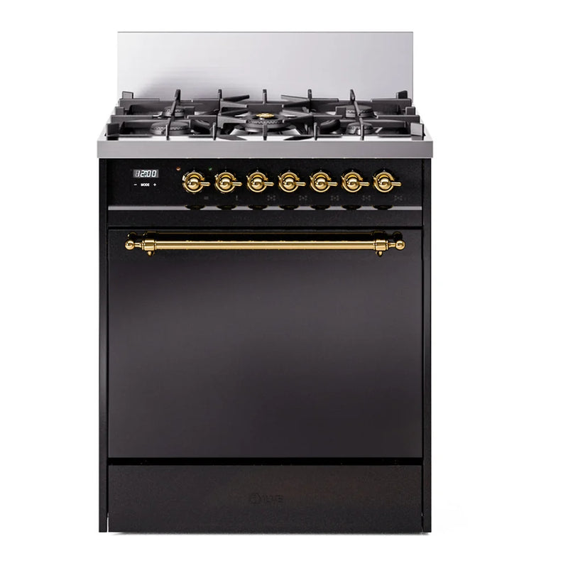 ILVE Nostalgie II 30" Dual Fuel Freestanding Range in Glossy Black with Brass Trim, UP30QNMPBKGLP
