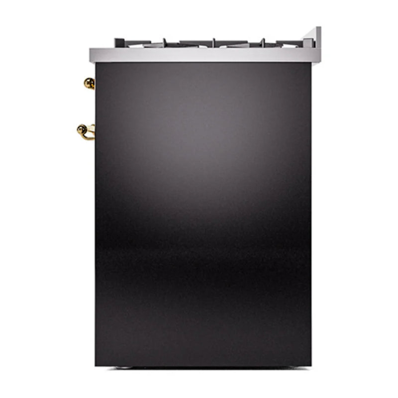 ILVE Nostalgie II 30" Dual Fuel Freestanding Range in Glossy Black with Brass Trim, UP30QNMPBKG