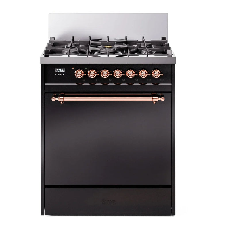 ILVE Nostalgie II 30" Dual Fuel Freestanding Range in Glossy Black with Copper Trim, UP30QNMPBKP