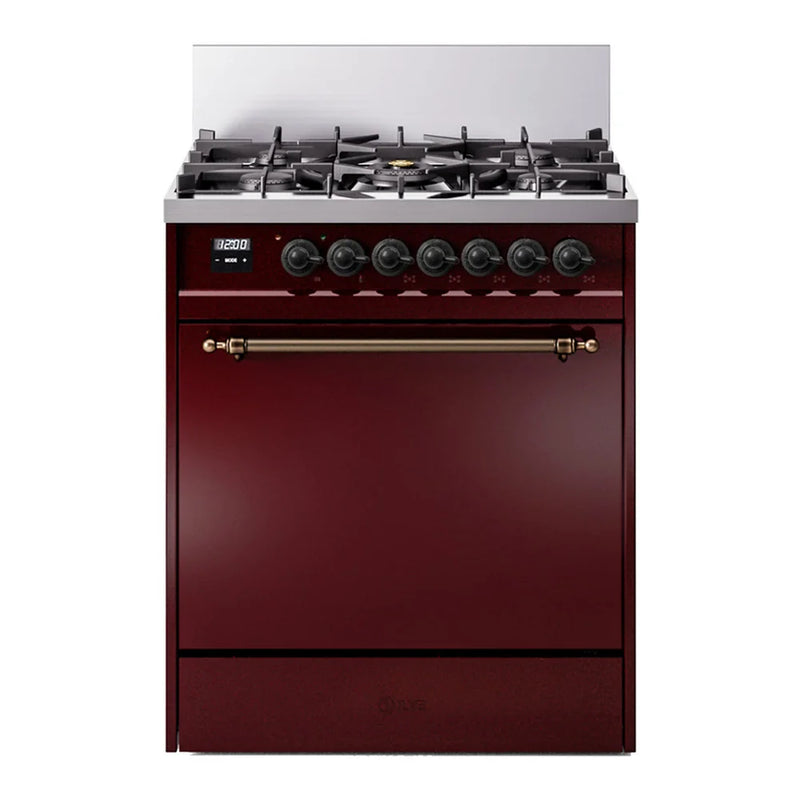ILVE Nostalgie II 30" Dual Fuel Freestanding Range in Burgundy with Burnished Trim, UP30QNMPBUB