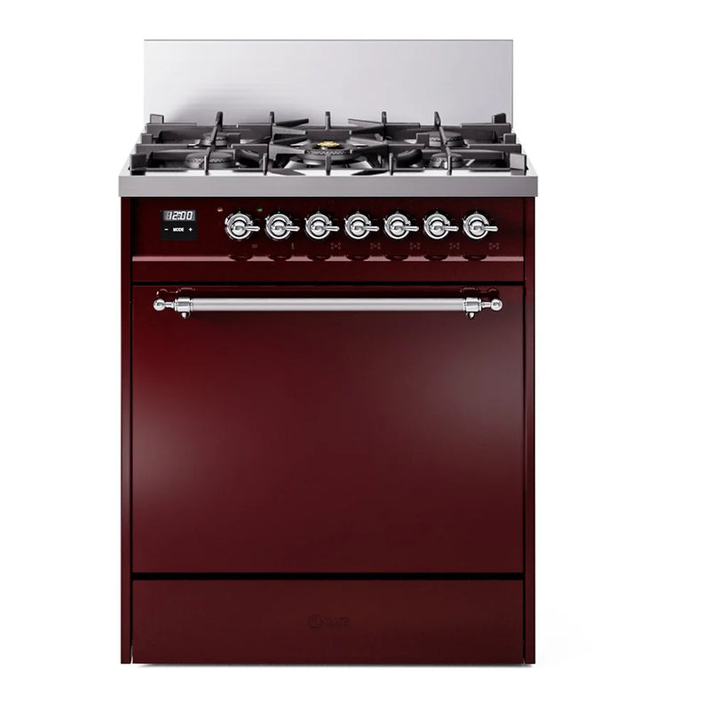 ILVE Nostalgie II 30" Dual Fuel Freestanding Range in Burgundy with Chrome Trim, UP30QNMPBUCLP