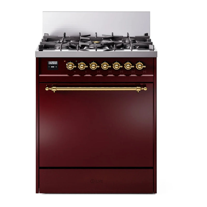 ILVE Nostalgie II 30" Dual Fuel Freestanding Range in Burgundy with Brass Trim, UP30QNMPBUGLP