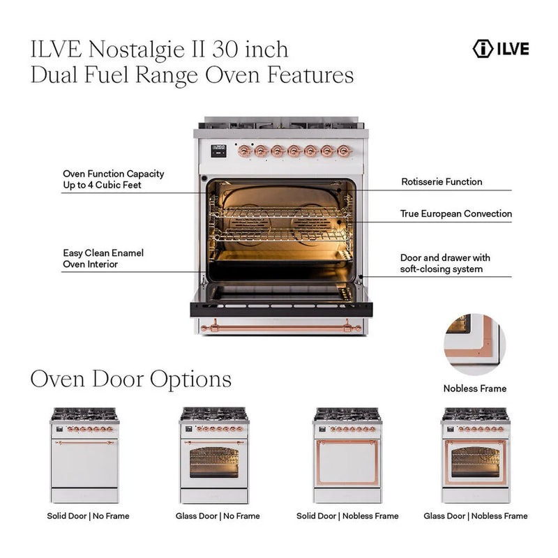ILVE Nostalgie II 30" Dual Fuel Freestanding Range in Burgundy with Brass Trim, UP30QNMPBUG