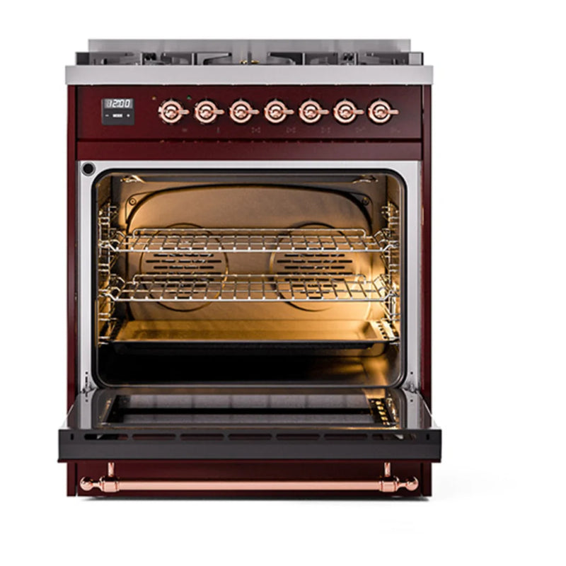 ILVE Nostalgie II 30" Dual Fuel Freestanding Range in Burgundy with Copper Trim, UP30QNMPBUPLP