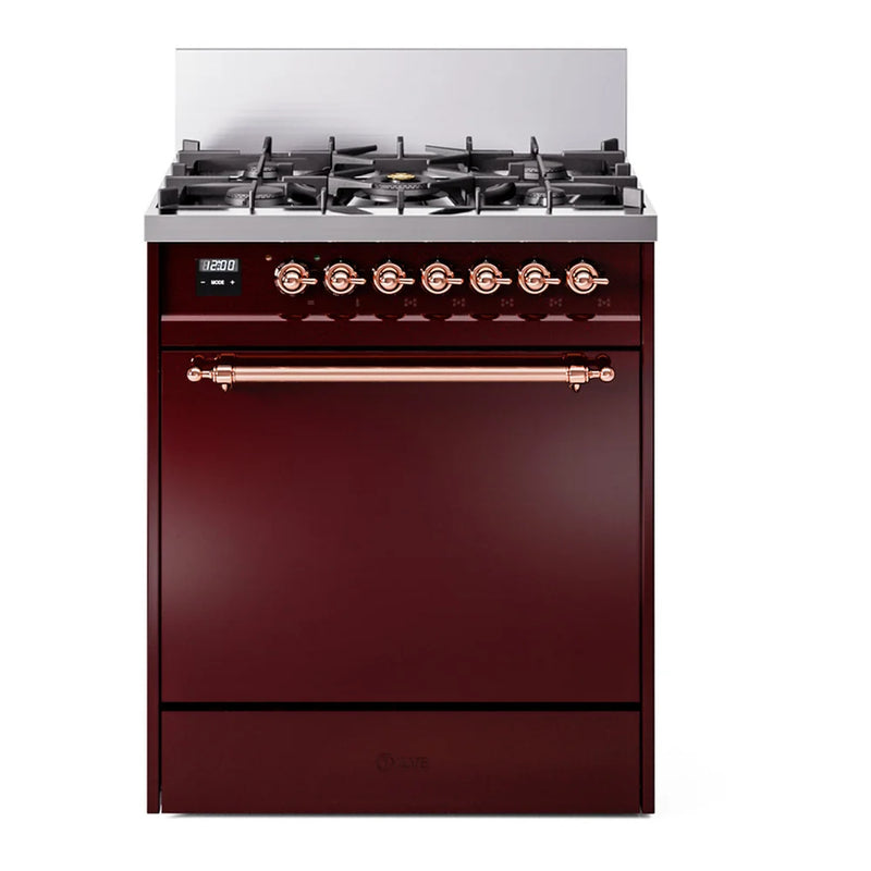 ILVE Nostalgie II 30" Dual Fuel Freestanding Range in Burgundy with Copper Trim, UP30QNMPBUP