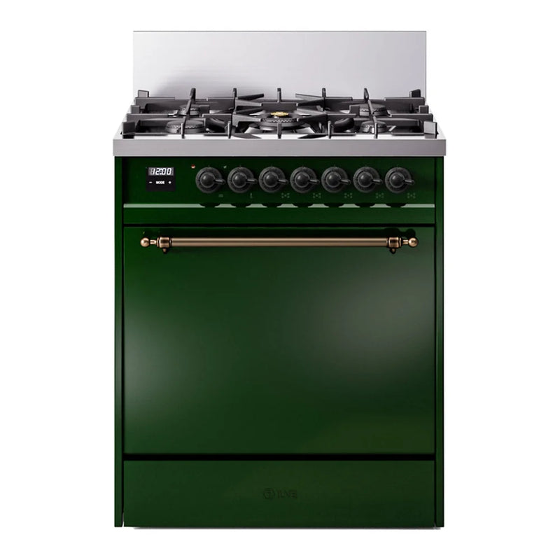 ILVE Nostalgie II 30" Dual Fuel Freestanding Range in Emerald Green with Burnished Trim, UP30QNMPEGBLP