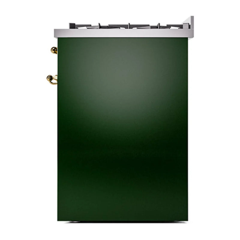 ILVE Nostalgie II 30" Dual Fuel Freestanding Range in Emerald Green with Brass Trim, UP30QNMPEGGLP