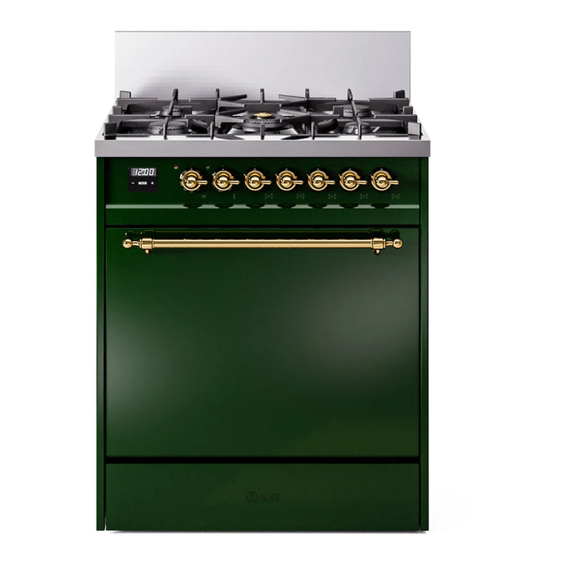 ILVE Nostalgie II 30" Dual Fuel Freestanding Range in Emerald Green with Brass Trim, UP30QNMPEGG