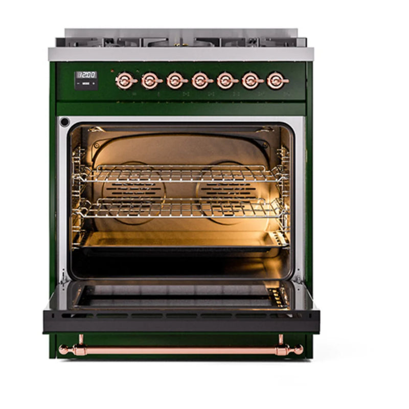 ILVE Nostalgie II 30" Dual Fuel Freestanding Range in Emerald Green with Copper Trim, UP30QNMPEGPLP