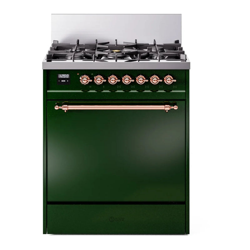 ILVE Nostalgie II 30" Dual Fuel Freestanding Range in Emerald Green with Copper Trim, UP30QNMPEGP