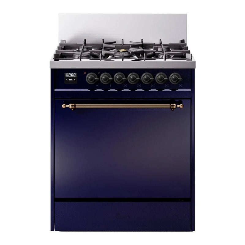 ILVE Nostalgie II 30" Dual Fuel Freestanding Range in Midnight Blue with Burnished Trim, UP30QNMPMBBLP