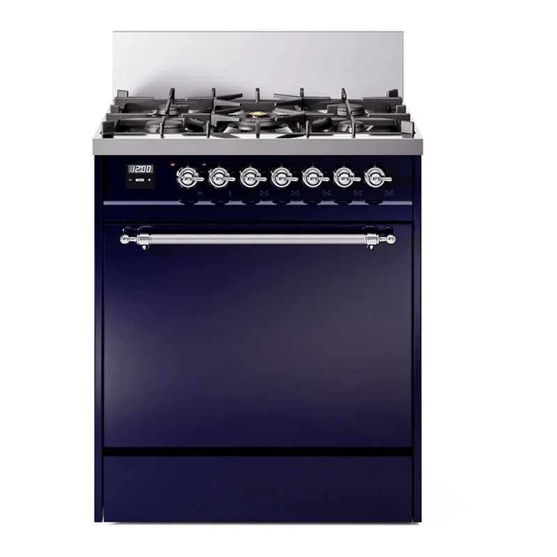 ILVE Nostalgie II 30" Dual Fuel Freestanding Range in Midnight Blue with Chrome Trim, UP30QNMPMBCLP