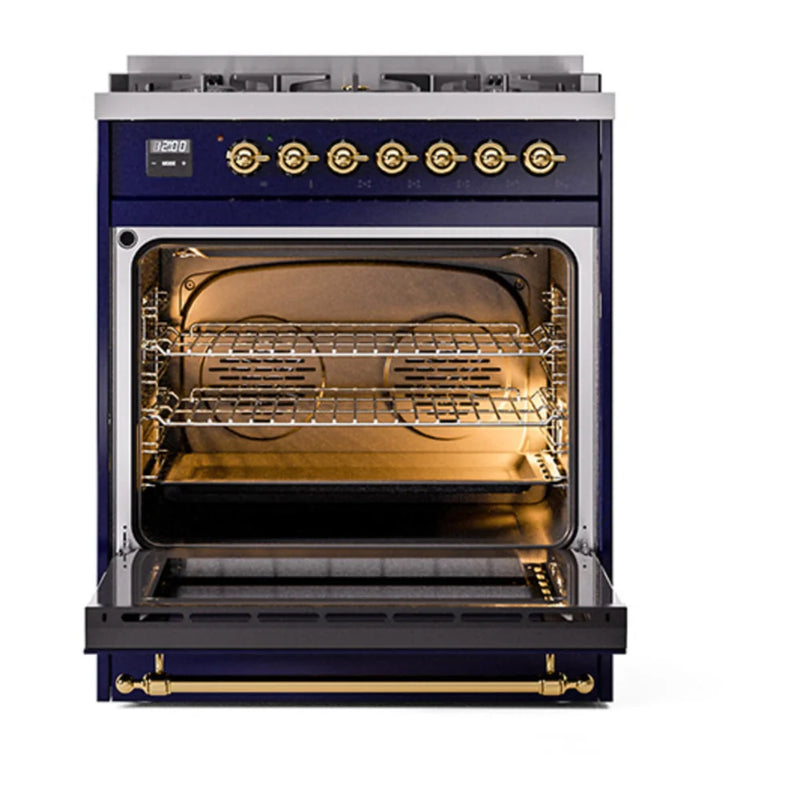 ILVE Nostalgie II 30" Dual Fuel Freestanding Range in Midnight Blue with Brass Trim, UP30QNMPMBGLP