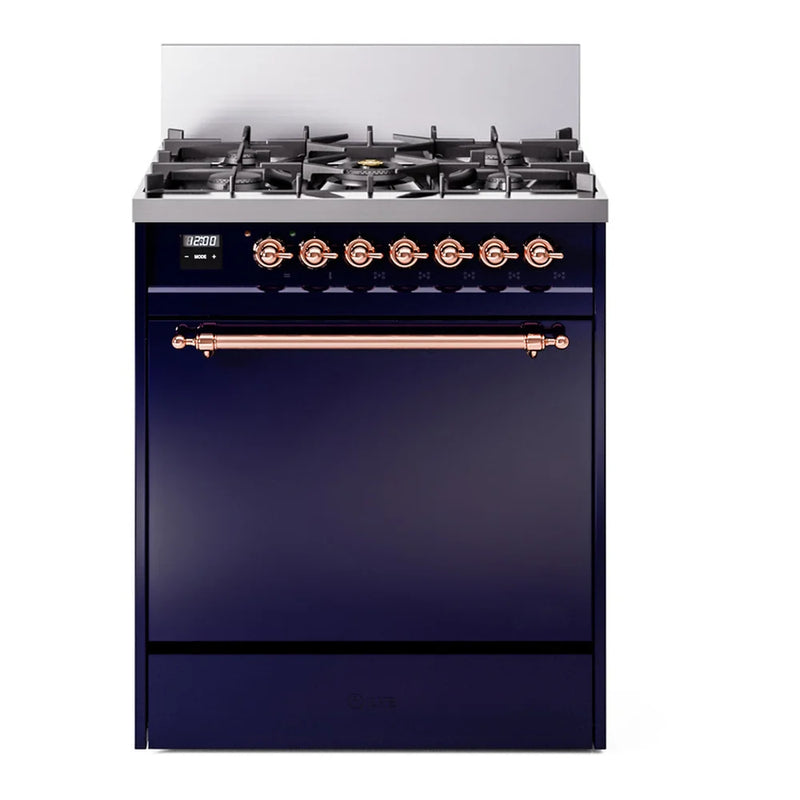 ILVE Nostalgie II 30" Dual Fuel Freestanding Range in Midnight Blue with Copper Trim, UP30QNMPMBP