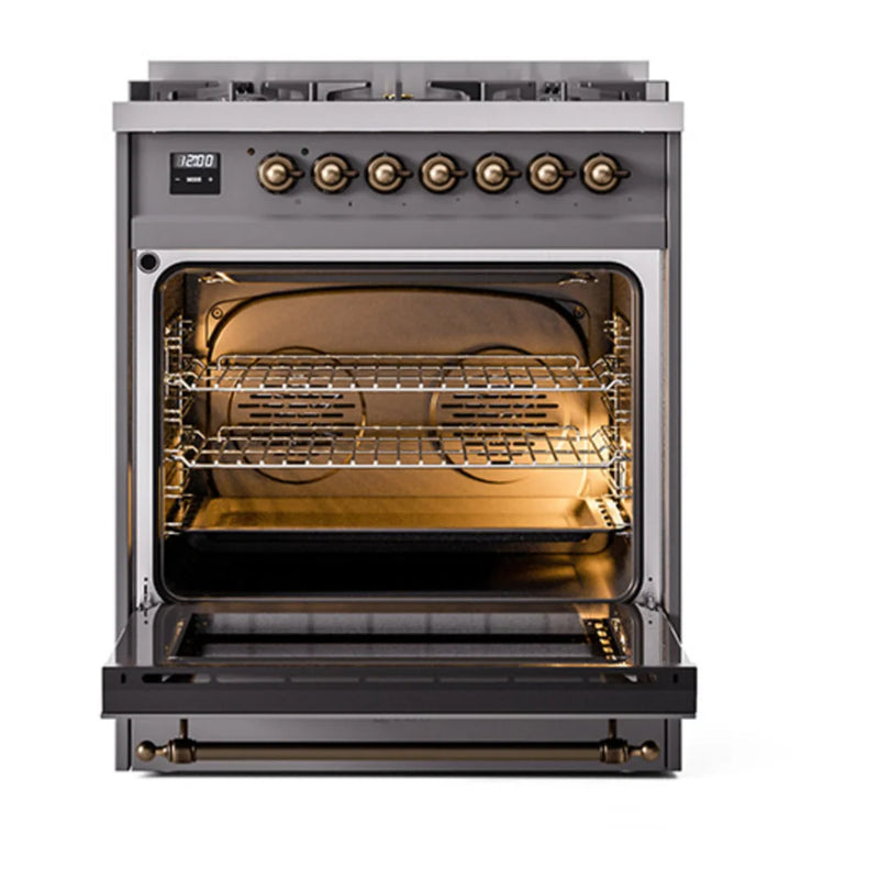 ILVE Nostalgie II 30" Dual Fuel Freestanding Range in Graphite Matte with Burnished Trim, UP30QNMPMGBLP