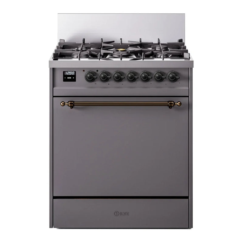 ILVE Nostalgie II 30" Dual Fuel Freestanding Range in Graphite Matte with Burnished Trim, UP30QNMPMGB