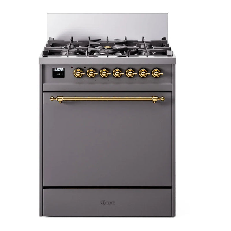 ILVE Nostalgie II 30" Dual Fuel Freestanding Range in Graphite Matte with Brass Trim, UP30QNMPMGG