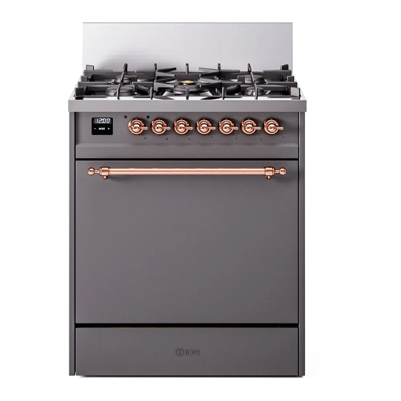 ILVE Nostalgie II 30" Dual Fuel Freestanding Range in Graphite Matte with Copper Trim, UP30QNMPMGPLP