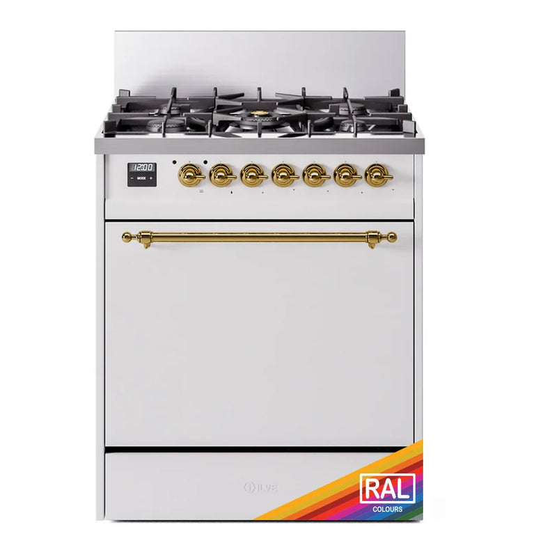 ILVE Nostalgie II 30" Dual Fuel Freestanding Range in RAL Color with Brass Trim, UP30QNMPRAG