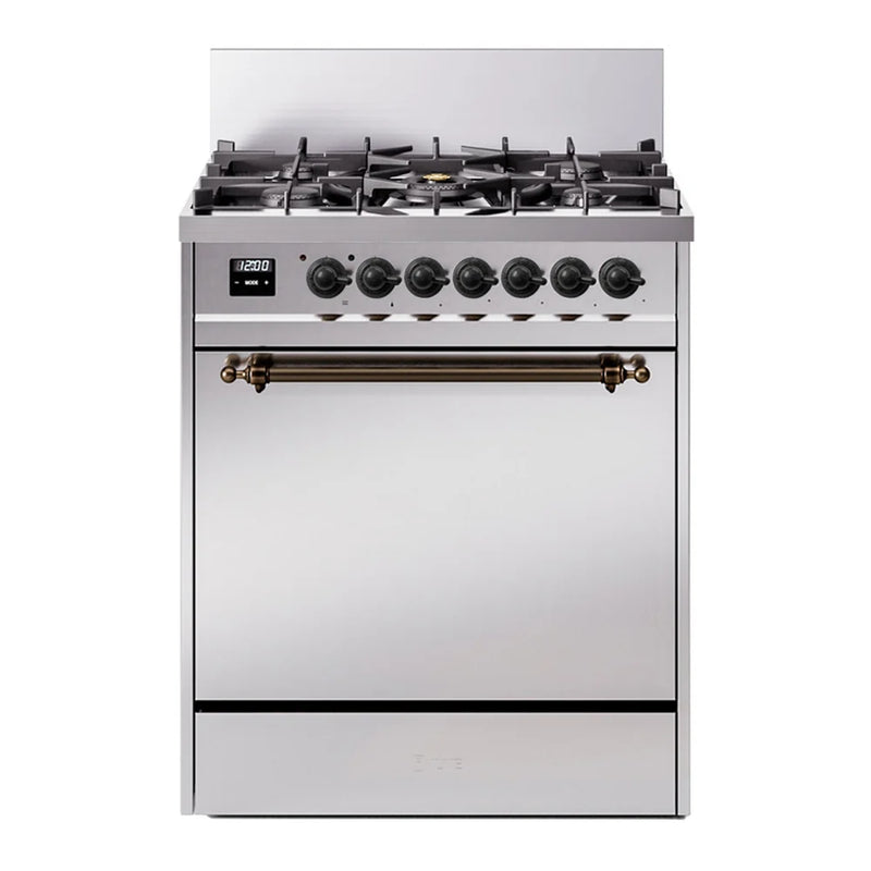 ILVE Nostalgie II 30" Dual Fuel Freestanding Range in Stainless Steel with Burnished Trim, UP30QNMPSSB