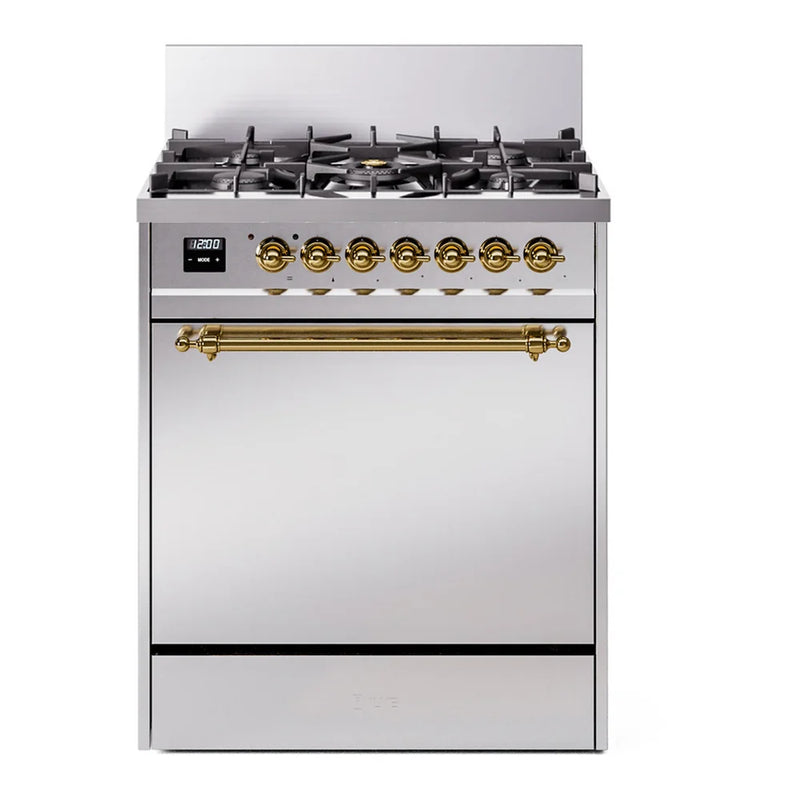 ILVE Nostalgie II 30" Dual Fuel Freestanding Range in Stainless Steel with Brass Trim, UP30QNMPSSG