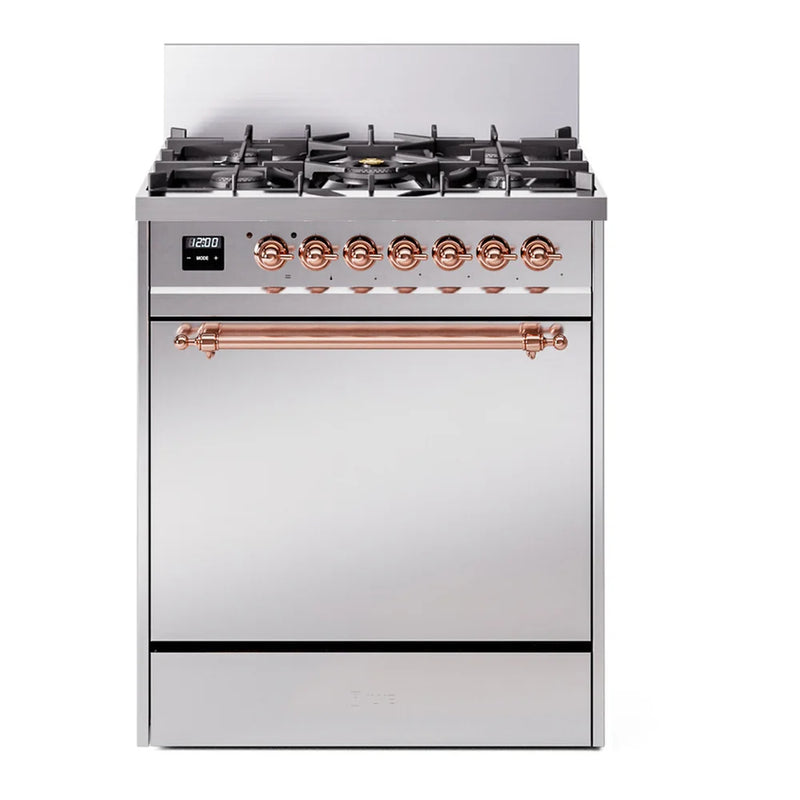 ILVE Nostalgie II 30" Dual Fuel Freestanding Range in Stainless Steel with Copper Trim, UP30QNMPSSPLP