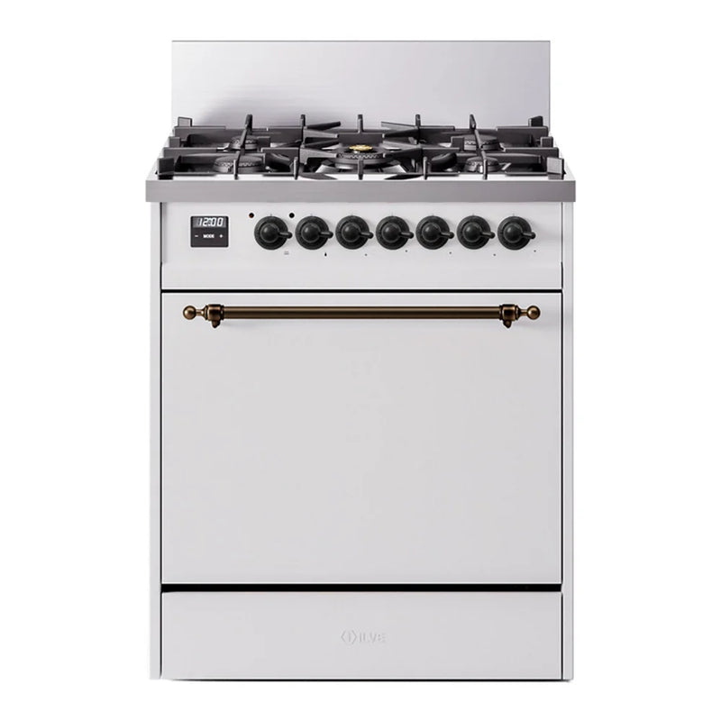 ILVE Nostalgie II 30" Dual Fuel Freestanding Range in White with Burnished Trim, UP30QNMPWHB