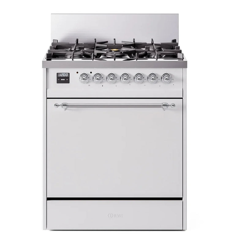 ILVE Nostalgie II 30" Dual Fuel Freestanding Range in White with Chrome Trim, UP30QNMPWHCLP