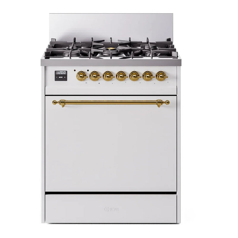 ILVE Nostalgie II 30" Dual Fuel Freestanding Range in White with Brass Trim, UP30QNMPWHG