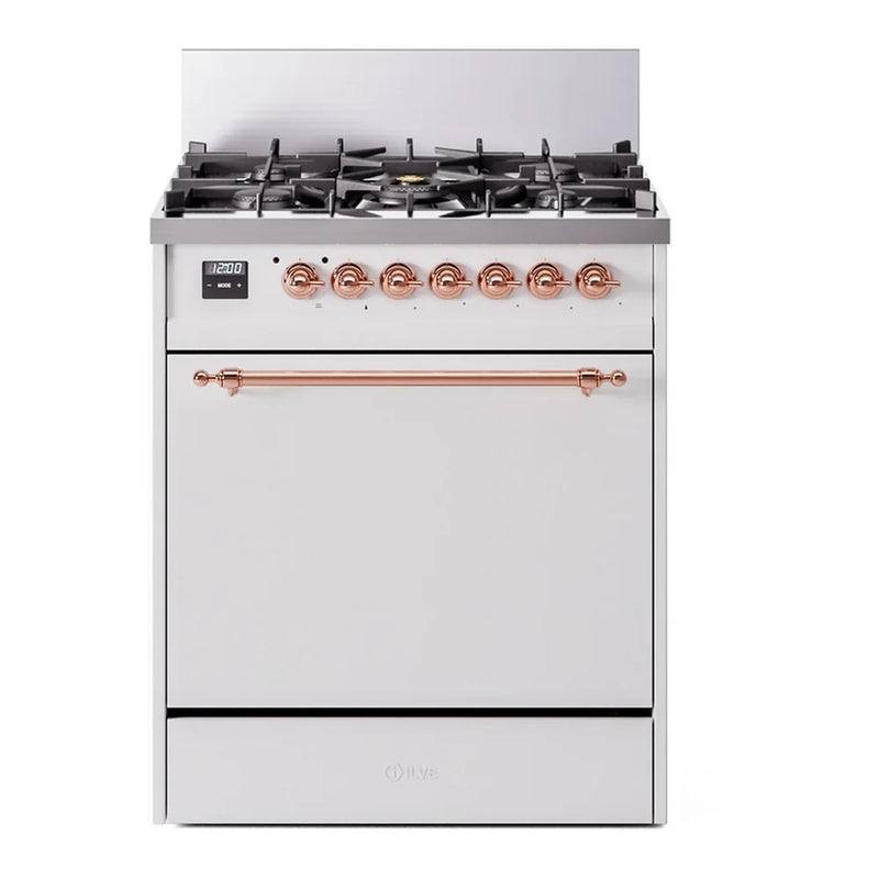 ILVE Nostalgie II 30" Dual Fuel Freestanding Range in White with Copper Trim, UP30QNMPWHPLP