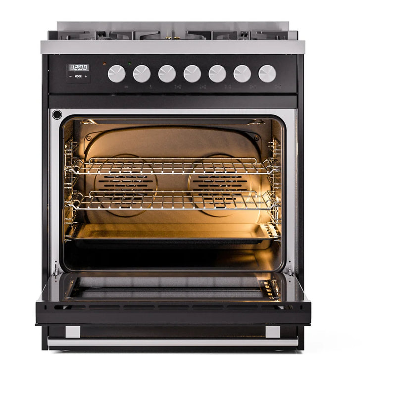 ILVE Professional Plus II 30" Dual Fuel Freestanding Range in Glossy Black with Stainless Steel Trim, UP30WMPBKLP