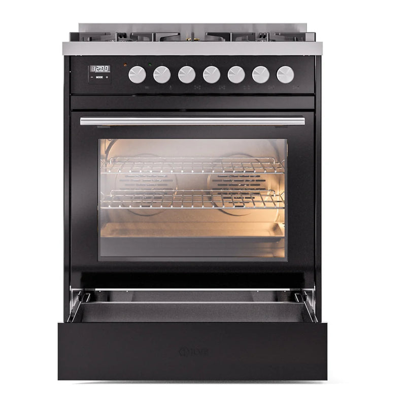 ILVE Professional Plus II 30" Dual Fuel Freestanding Range in Glossy Black with Stainless Steel Trim, UP30WMPBKLP