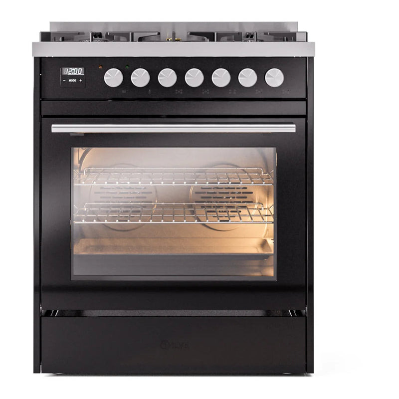 ILVE Professional Plus II 30" Dual Fuel Freestanding Range in Glossy Black with Stainless Steel Trim, UP30WMPBK