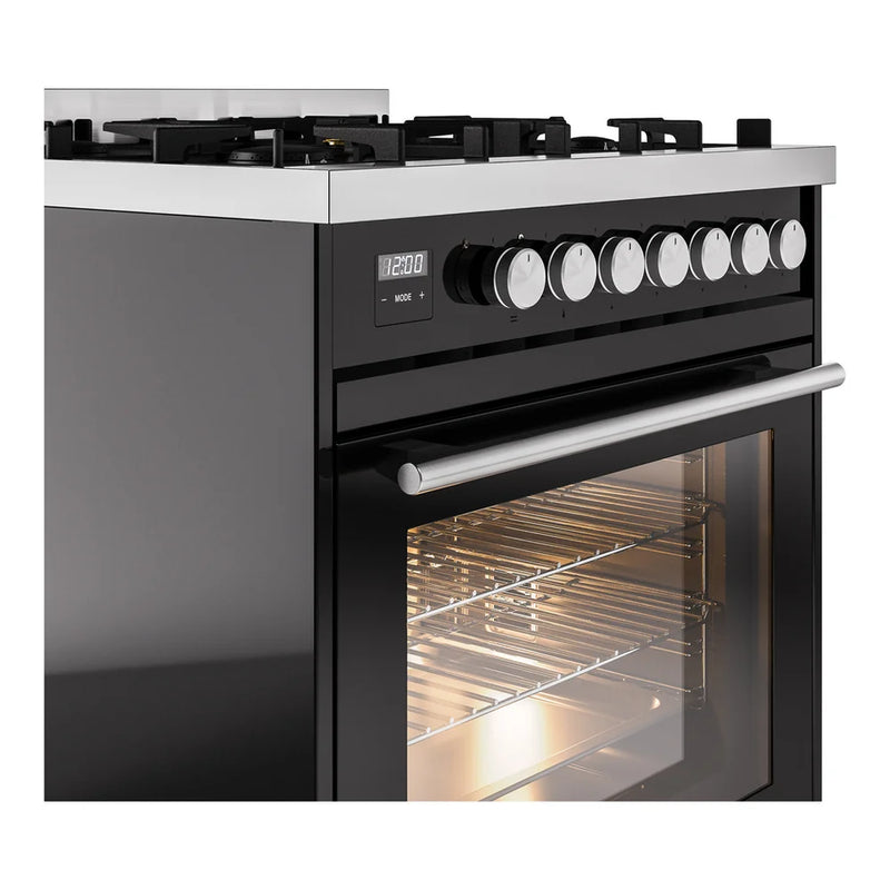 ILVE Professional Plus II 30" Dual Fuel Freestanding Range in Glossy Black with Stainless Steel Trim, UP30WMPBK