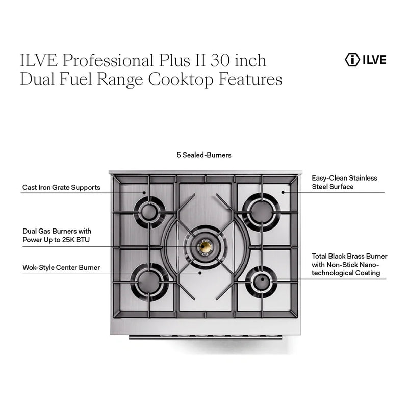 ILVE Professional Plus II 30" Dual Fuel Freestanding Range in Graphite Matte with Stainless Steel Trim, UP30WMPMGLP