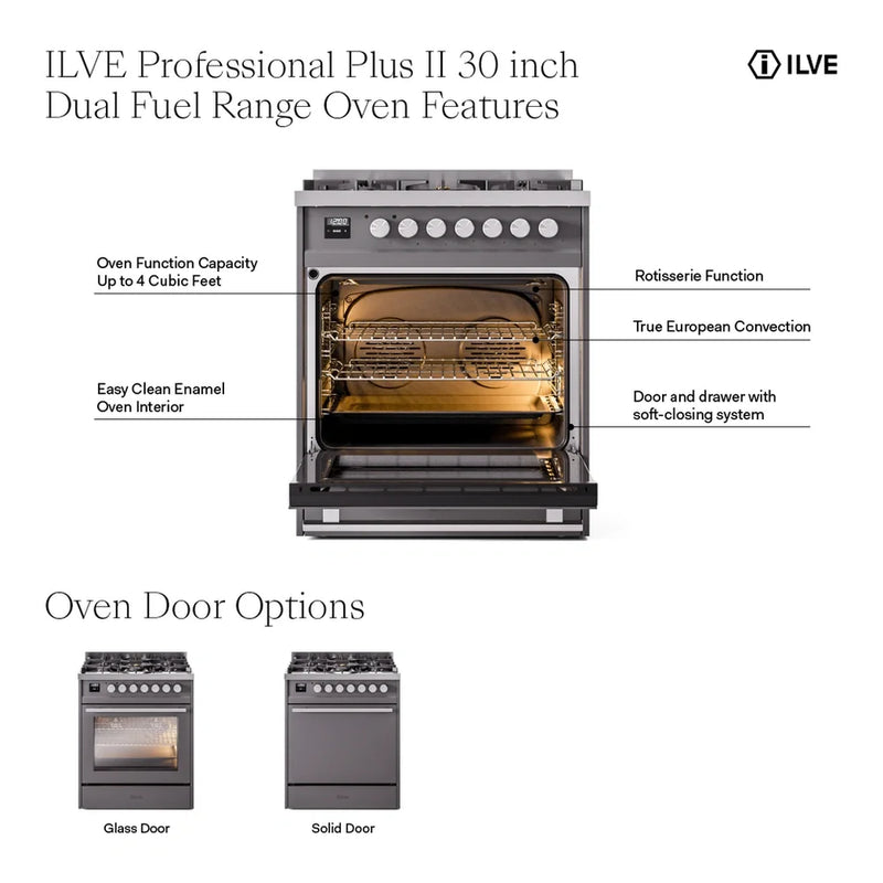 ILVE Professional Plus II 30" Dual Fuel Freestanding Range in Stainless Steel with Stainless Steel Trim, UP30WMPSS