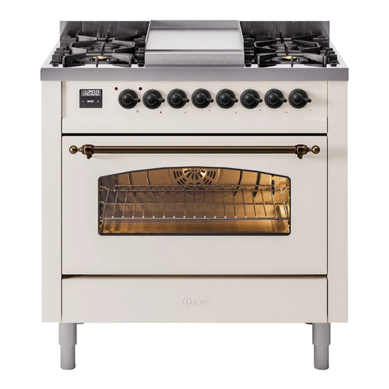 ILVE Nostalgie II 36" Dual Fuel Freestanding Range in Antique White with Burnished Trim, UP36FNMPAWBLP