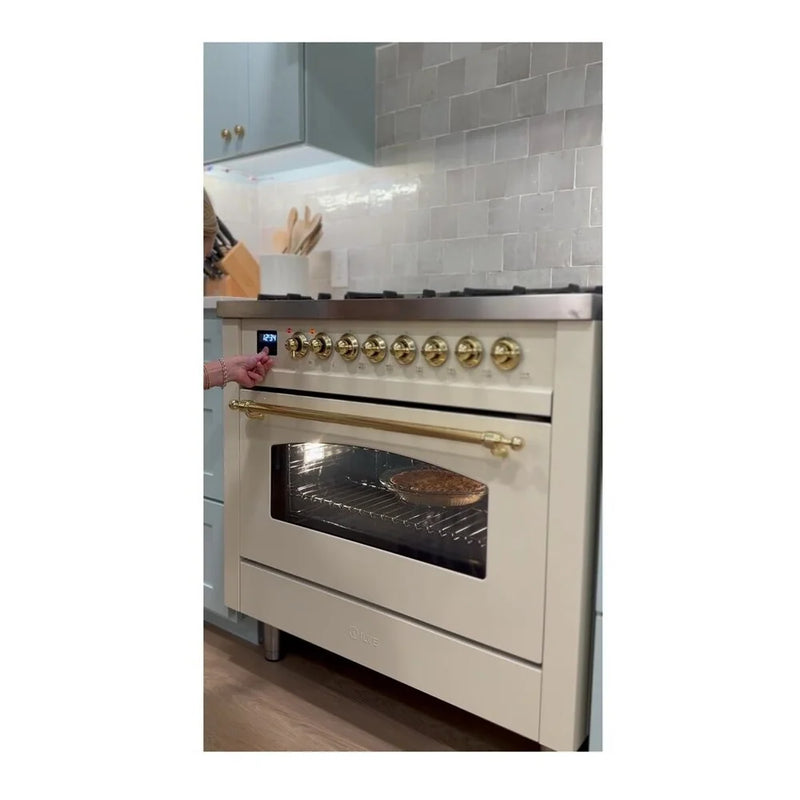 ILVE Nostalgie II 36" Dual Fuel Freestanding Range in Antique White with Burnished Trim, UP36FNMPAWBLP