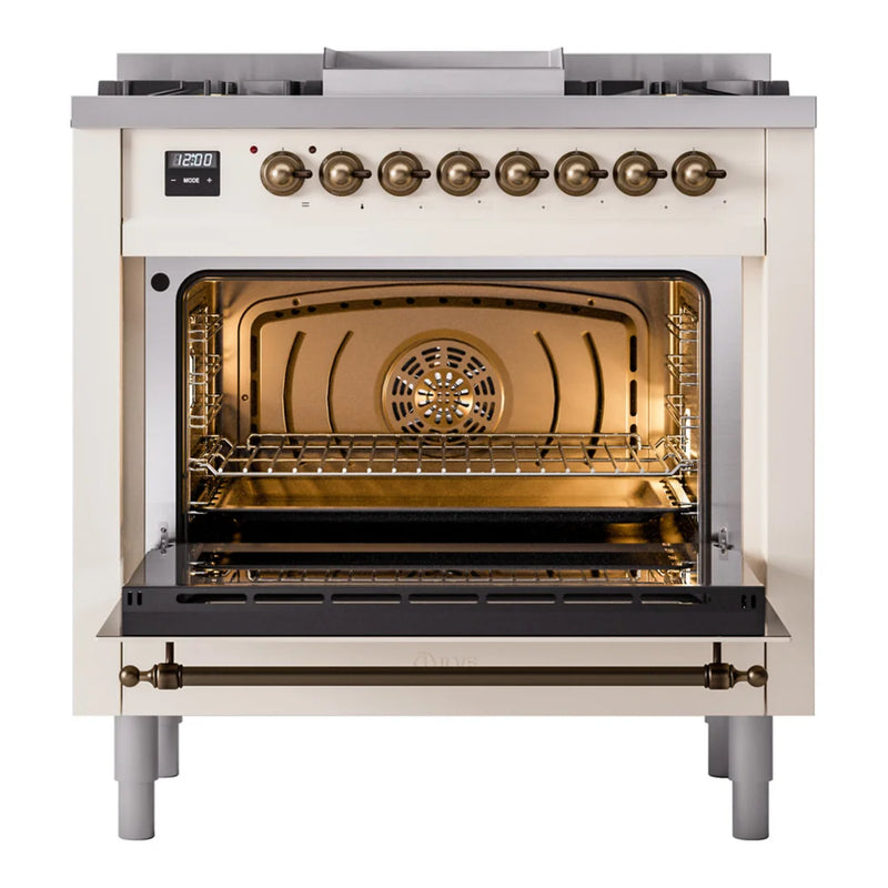 ILVE Nostalgie II 36" Dual Fuel Freestanding Range in Antique White with Burnished Trim, UP36FNMPAWBLP