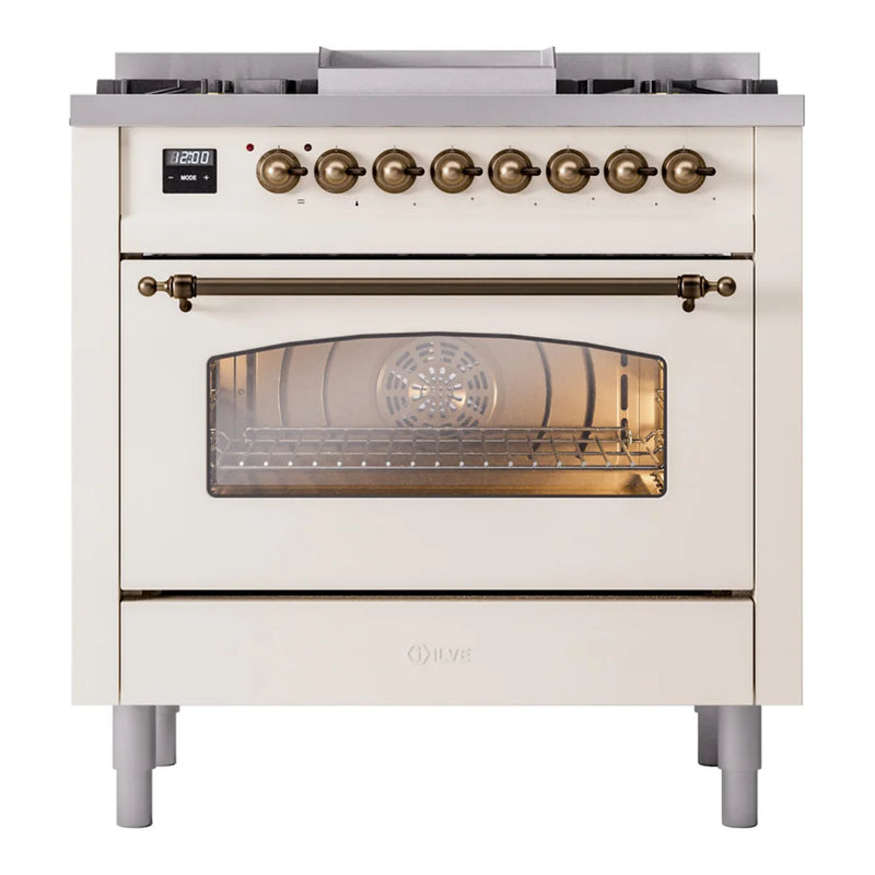 ILVE Nostalgie II 36" Dual Fuel Freestanding Range in Antique White with Burnished Trim, UP36FNMPAWBLP