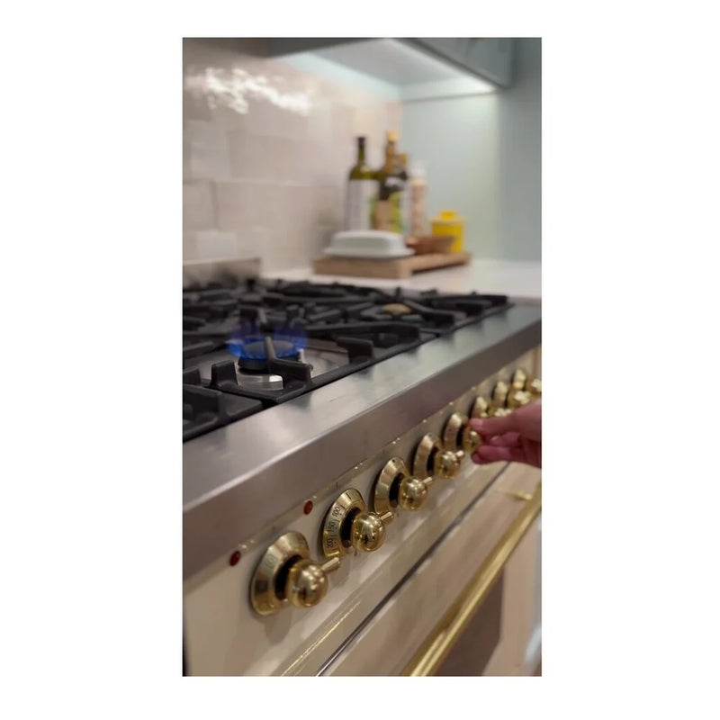 ILVE Nostalgie II 36" Dual Fuel Freestanding Range in Antique White with Burnished Trim, UP36FNMPAWB