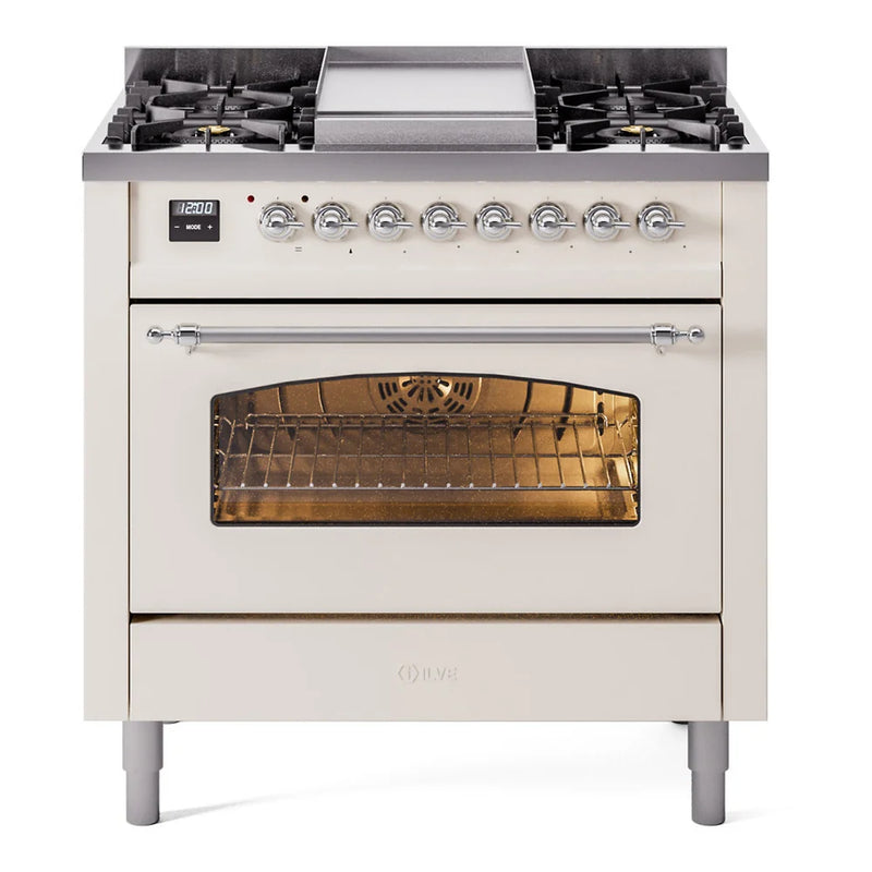 ILVE Nostalgie II 36" Dual Fuel Freestanding Range in Antique White with Chrome Trim, UP36FNMPAWCLP