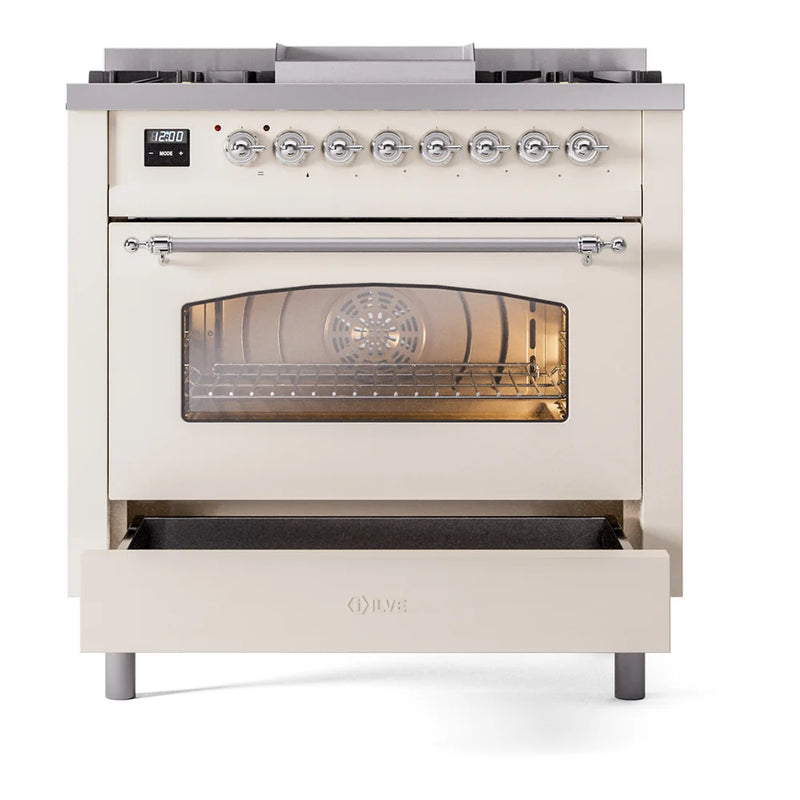 ILVE Nostalgie II 36" Dual Fuel Freestanding Range in Antique White with Chrome Trim, UP36FNMPAWCLP