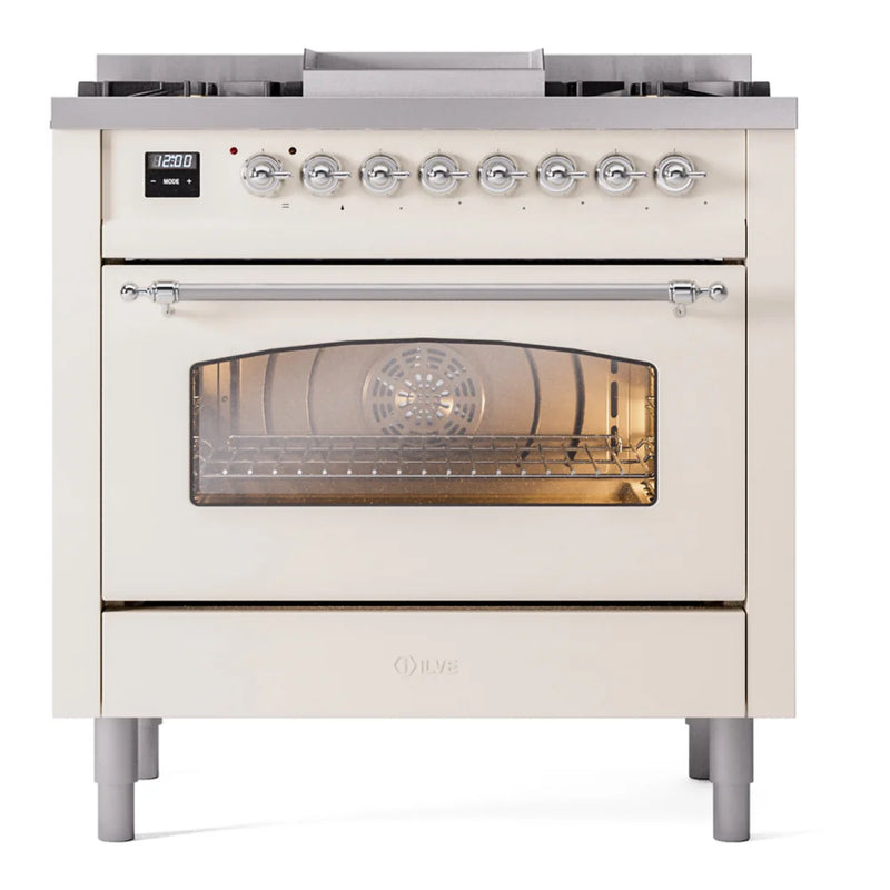 ILVE Nostalgie II 36" Dual Fuel Freestanding Range in Antique White with Chrome Trim, UP36FNMPAWC