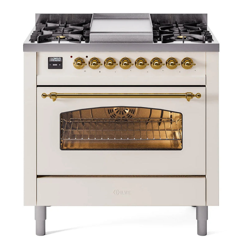 ILVE Nostalgie II 36" Dual Fuel Freestanding Range in Antique White with Brass Trim, UP36FNMPAWGLP